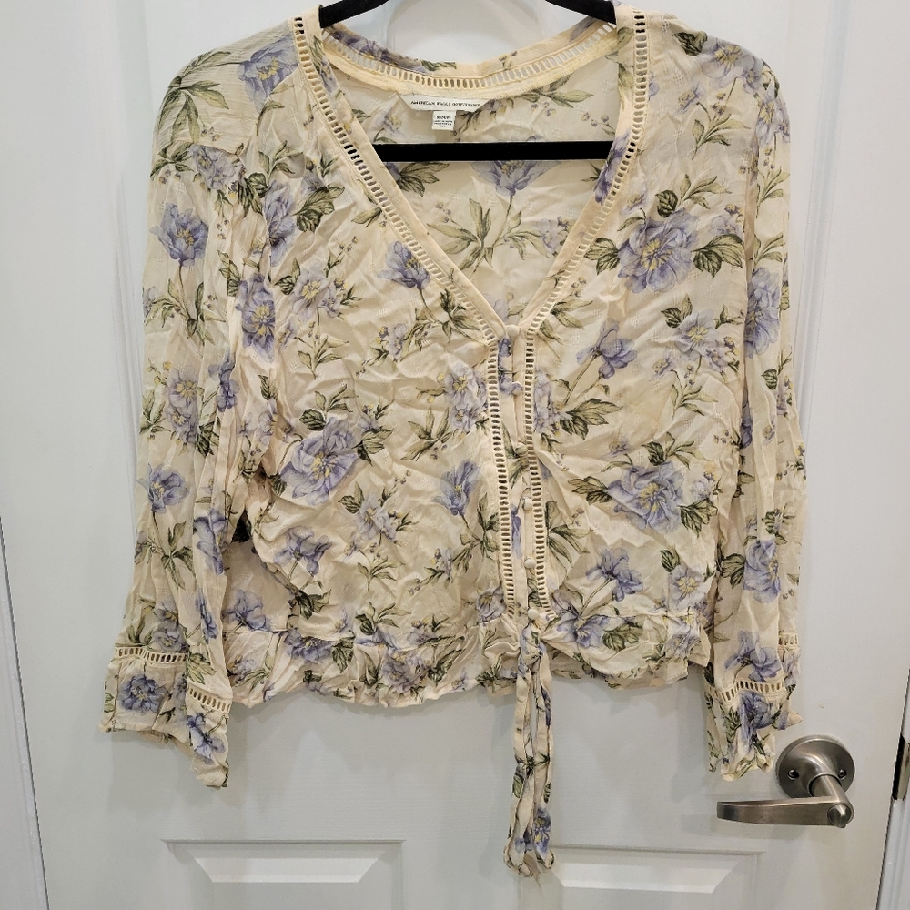 American Eagle Breezy Floral Tie Front Top